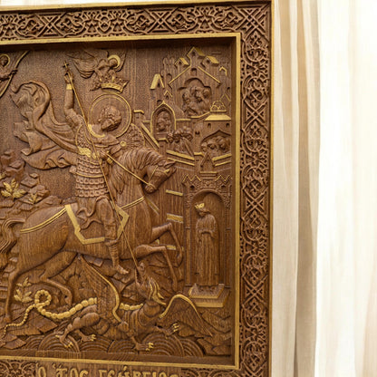 Saint George Wooden Carved Handcrafted Christian Religious Icon. Byzantine Home Wall Art Decor Gift. Orthodox Greek Woodcarving Sculpture.