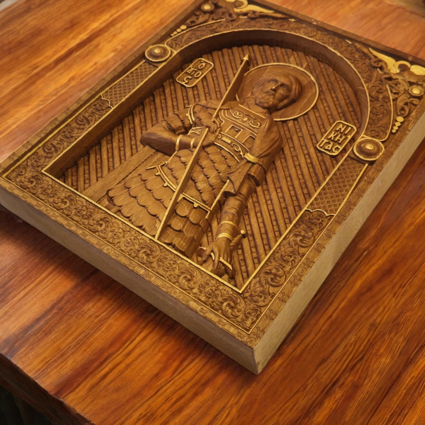 Saint Nikitas Wooden Carved Handmade Christian Icon. Byzantine Greek Orthodox Home Art Decor.