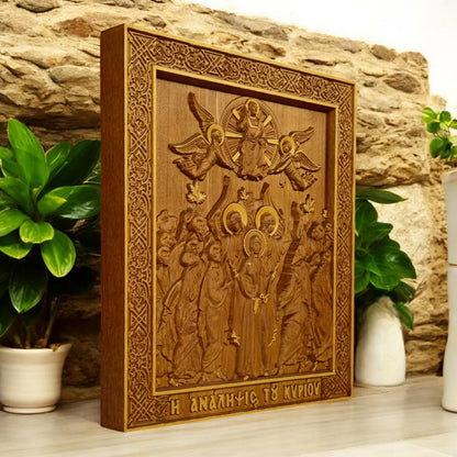Ascension of Jesus Wooden Carved Handmade Christian Icon. Byzantine Greek Orthodox Home Art Decor.