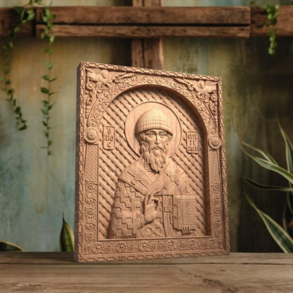 Saint Spyridon Wooden Carved Handcrafted Christian Religious Icon. Byzantine Home Wall Art Decor Gift. Orthodox Greek Woodcarving Sculpture.