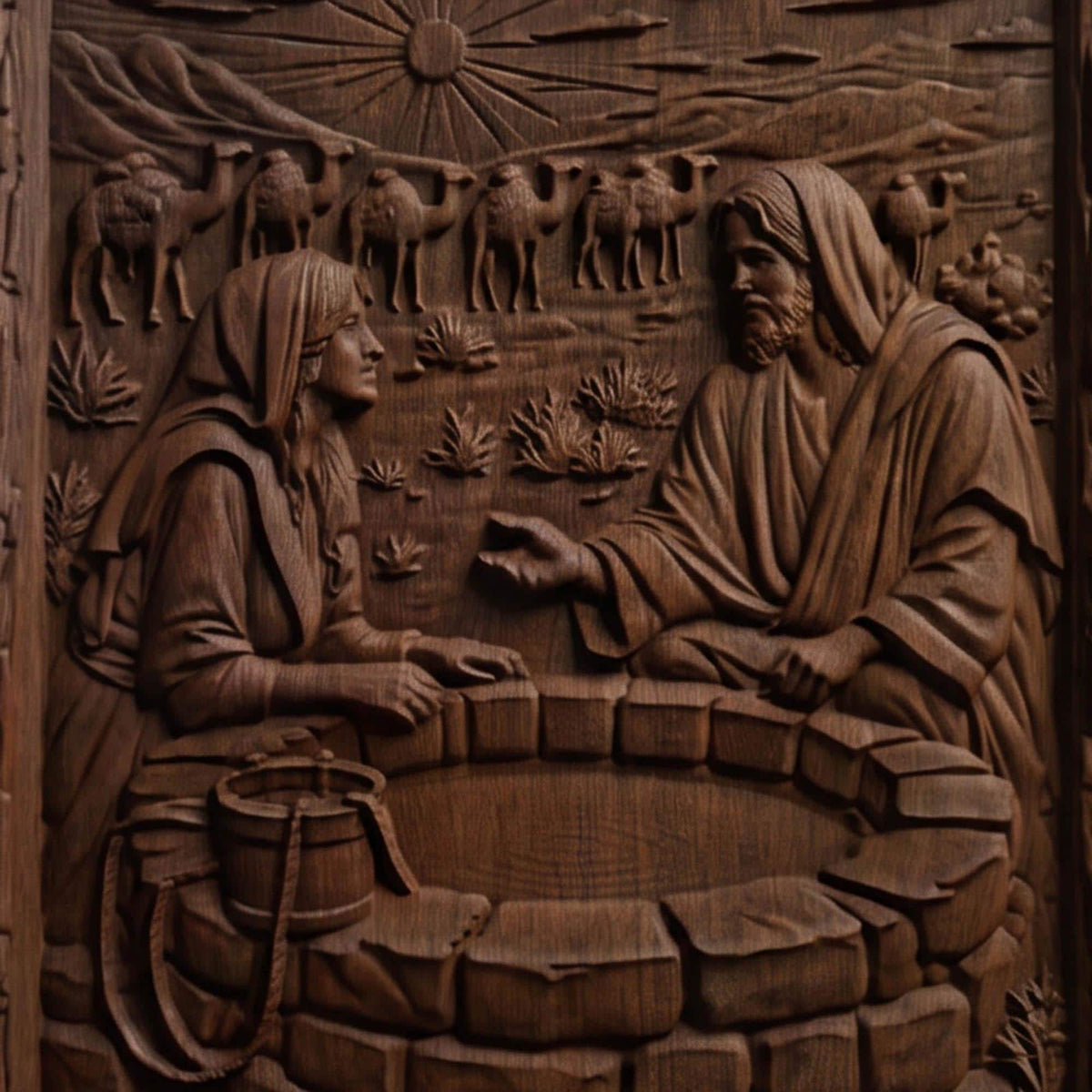Jesus Talks With a Samaritan Woman at the Well Wooden Carved Handmade Christian Icon  Byzantine Greek Orthodox Home Decor Cretan Holy Carvings