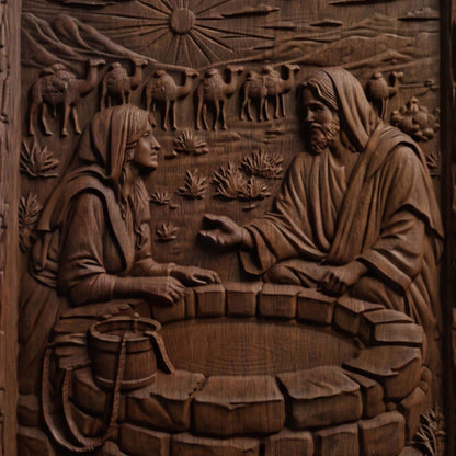 Jesus Talks With a Samaritan Woman at the Well Wooden Carved Handmade Christian Icon  Byzantine Greek Orthodox Home Decor Cretan Holy Carvings