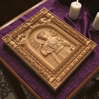 Prophet Solomon Wooden Carved Handmade Christian Icon Left Side Natural Wood Color Cretan Holy Carvings