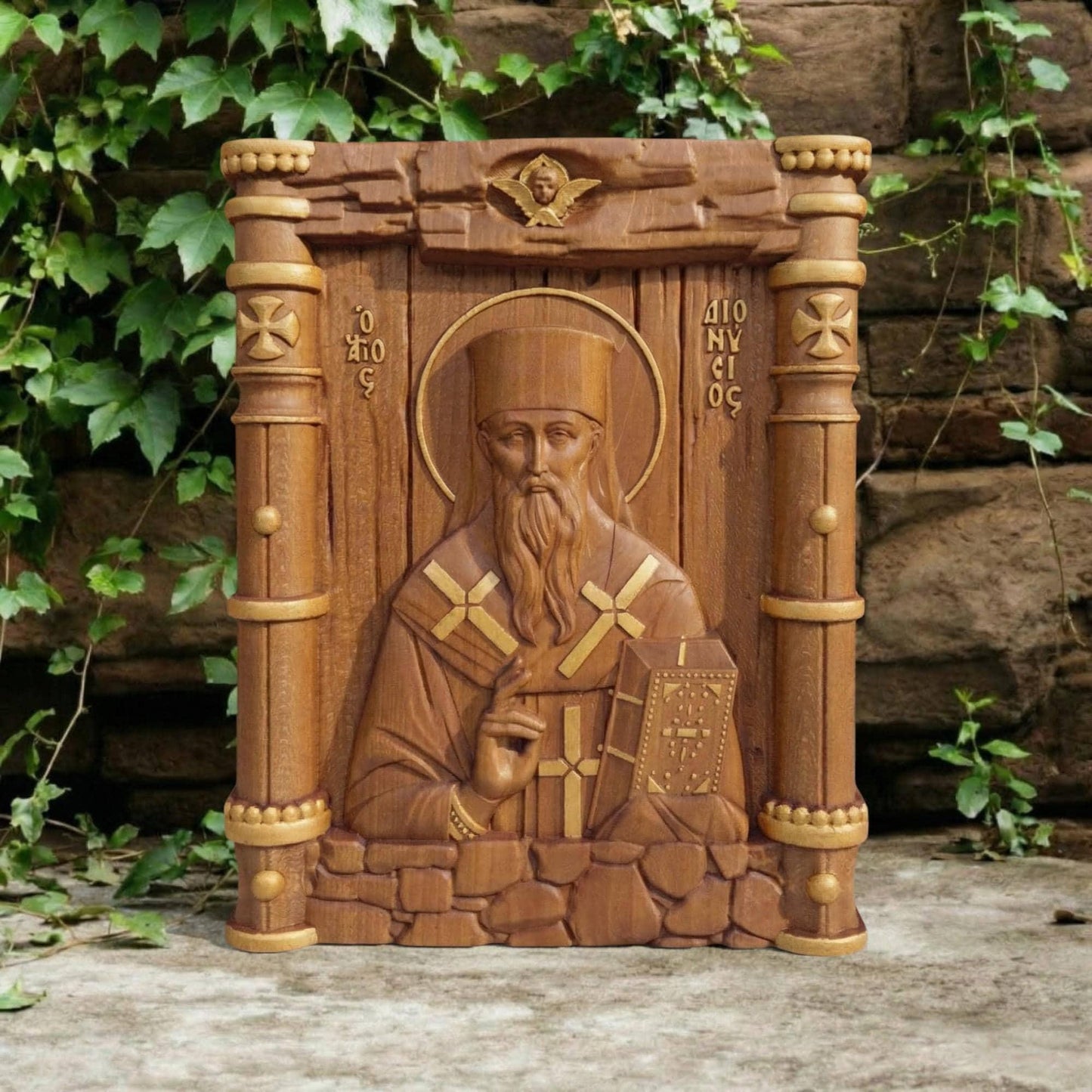 Saint Dionysios of Zakynthos Wooden Carved Handmade Christian Icon. Byzantine Greek Orthodox Home Decor.