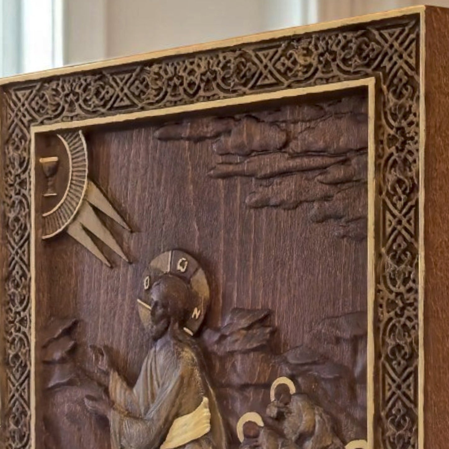 Jesus Christ praying Gethsemane Wooden Carved Handcrafted Christian Religious Icon. Byzantine Home Wall Art Decor Gift. Orthodox Greek Woodcarving Sculpture.