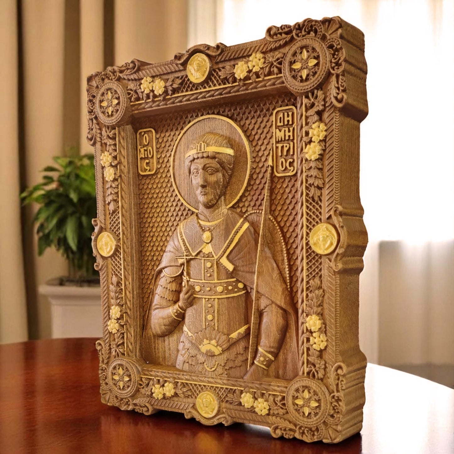 Saint Demetrius of Thessaloniki Wooden Carved Handcrafted Christian Religious Icon. Byzantine Home Wall Art Decor Gift. Orthodox Greek Woodcarving Sculpture.