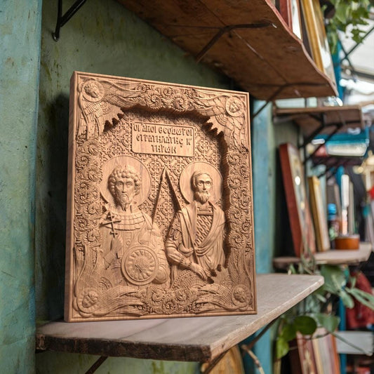 Saints Theodore Tyron and Stratelates Wooden Carved Handcrafted Christian Religious Icon. Byzantine Home Wall Art Decor Gift. Orthodox Greek Woodcarving Sculpture.