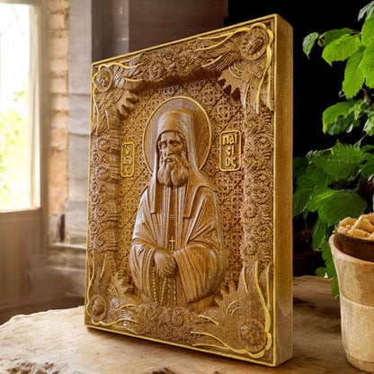 Saint Paisios of Mount Athos Wooden Carved Handcrafted Christian Religious Icon. Byzantine Home Wall Art Decor Gift. Orthodox Greek Woodcarving Sculpture.