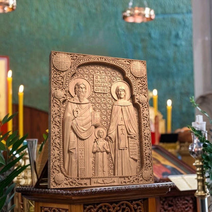 Saints Raphael Nicholas Irene Wooden Carved Handmade Christian Icon. Byzantine Greek Orthodox Home Decor.