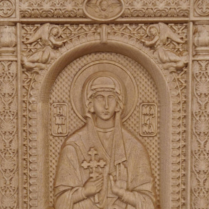 Saint Marina Wooden Carved Handmade Christian Icon. Byzantine Greek Orthodox Home Art Decor.