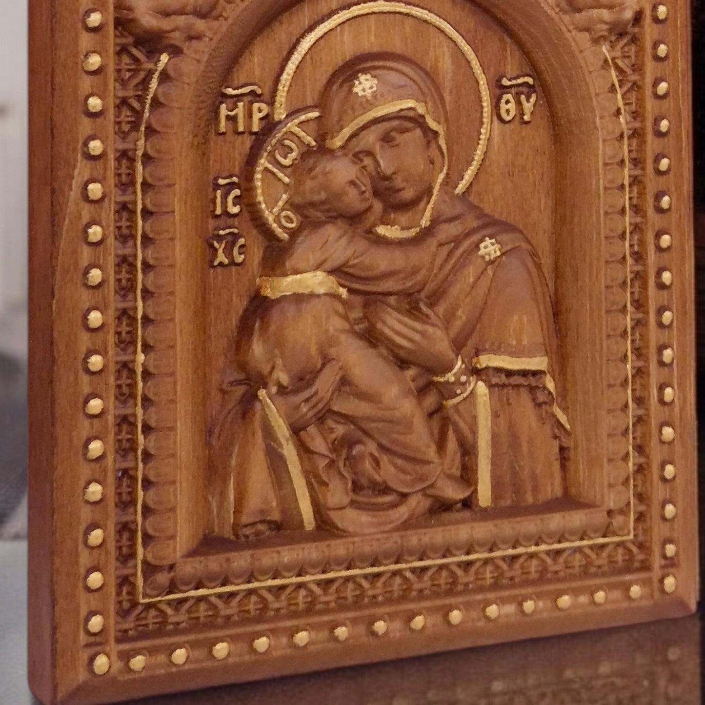 Christ and Mother of God Set Two Wooden Carved Handmade Christian Icons | Byzantine Greek Orthodox Home Art Decor