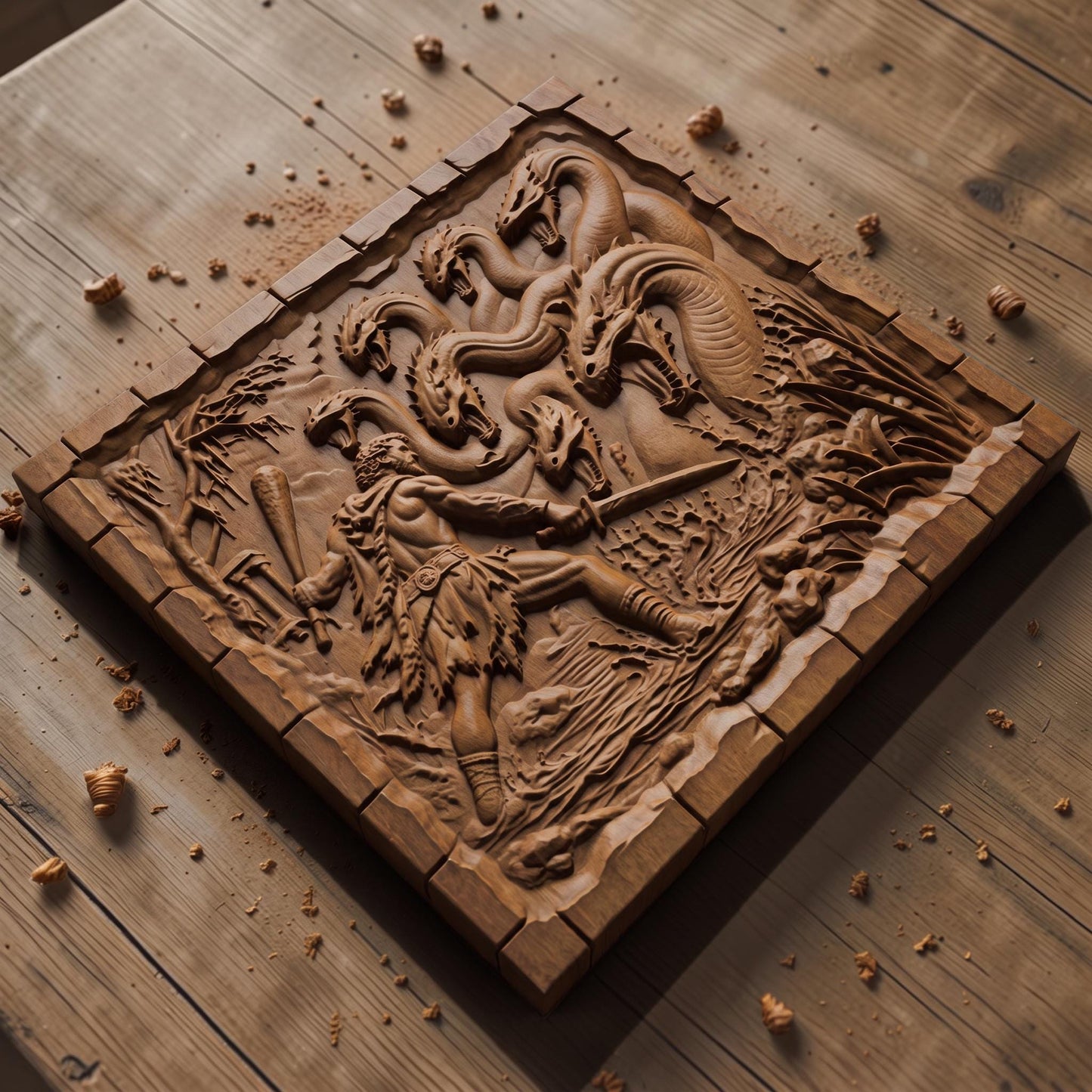 Hercules Fighting the Hydra 3D Wooden Bas Relief Panel Art Sculptural Gift Idea Cretan Holy Carvings
