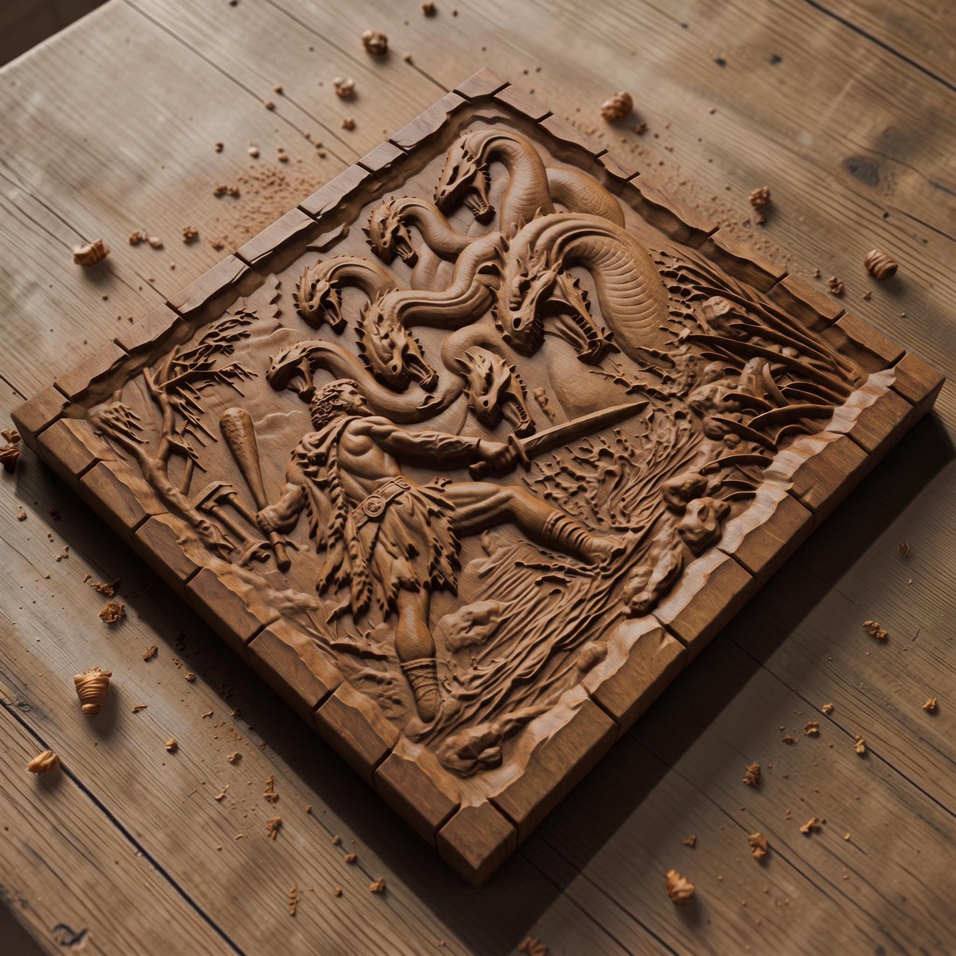 Hercules Fighting the Hydra 3D Wooden Bas Relief Panel Art Sculptural Gift Idea Cretan Holy Carvings