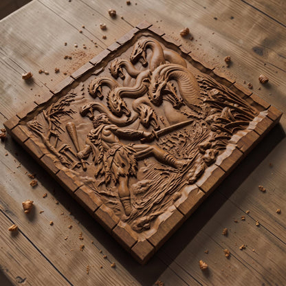 Hercules Fighting the Hydra 3D Wooden Bas Relief Panel Art Sculptural Gift Idea Cretan Holy Carvings
