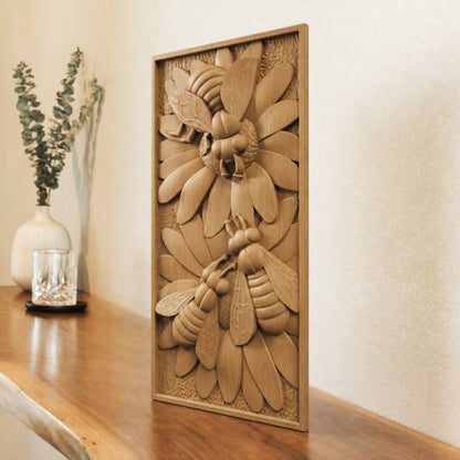 Bees Panel Handmade Wooden Carving. Home Gift Wall Art Nature Decor.