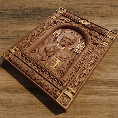 Saint Nicholas Wooden Carved Handcrafted Christian Religious Icon. Byzantine Home Wall Art Decor Gift. Orthodox Greek Woodcarving Sculpture.
