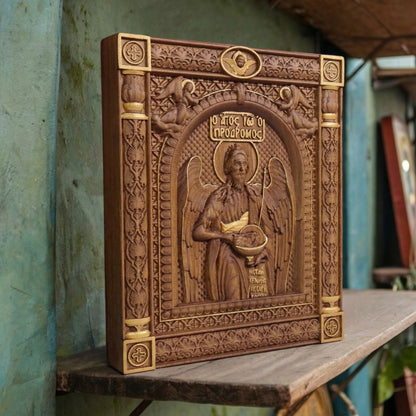 Saint John the Baptist Wooden Carved Handcrafted Christian Religious Icon. Byzantine Home Wall Art Decor Gift. Orthodox Greek Woodcarving Sculpture.