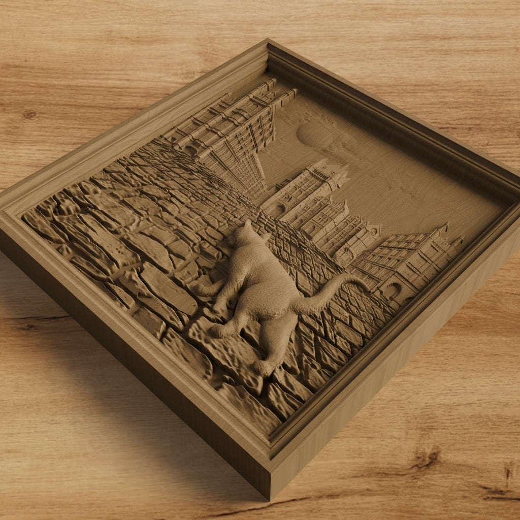 Cat Walking in the Street Scene Handmade Wooden Carving. Home Gift Wall Art Nature Decor.