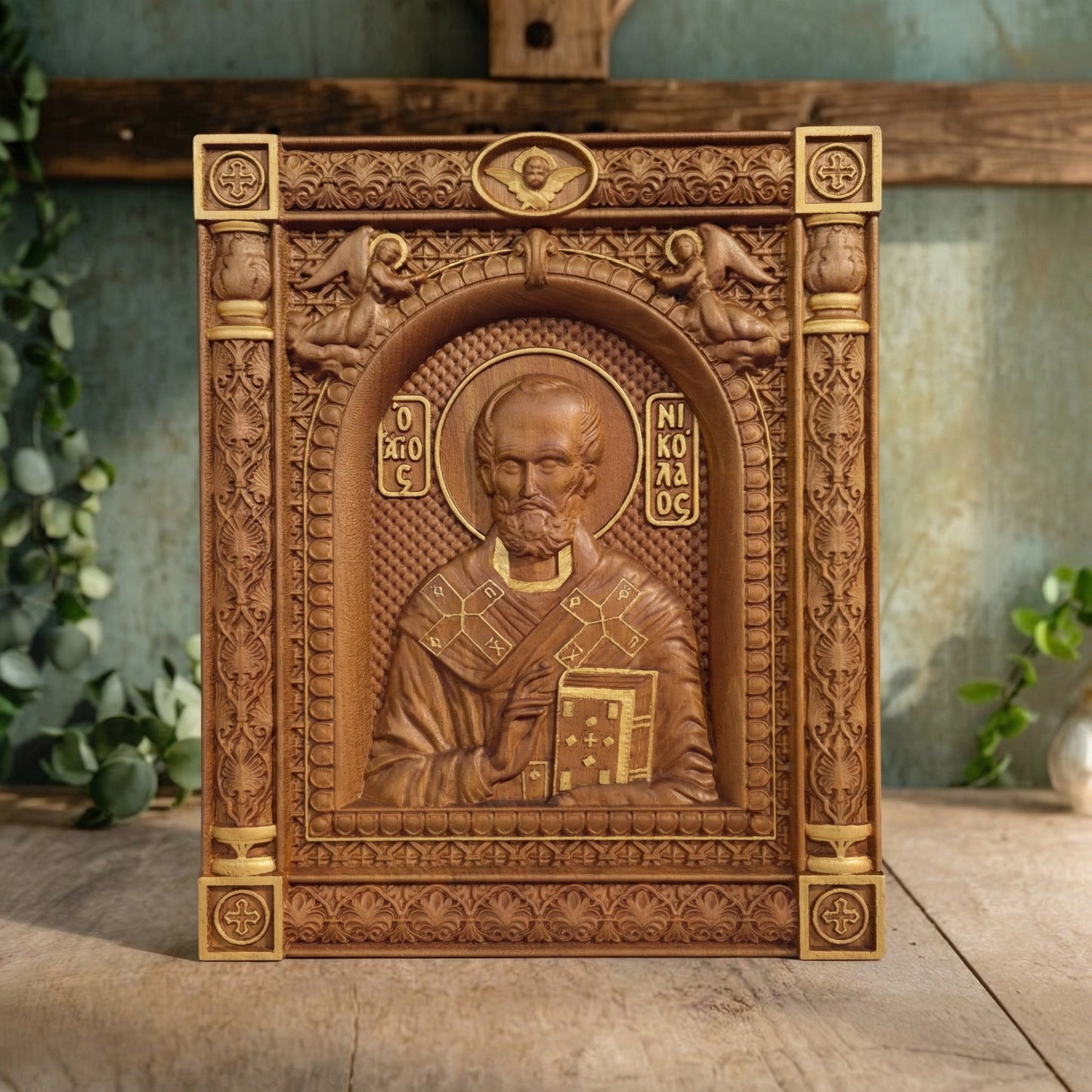 Saint Nicholas Wooden Carved Handcrafted Christian Religious Icon. Byzantine Home Wall Art Decor Gift. Orthodox Greek Woodcarving Sculpture.