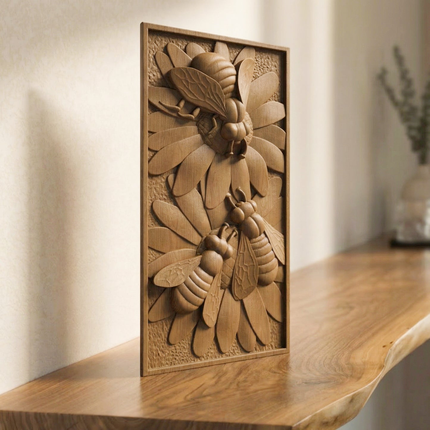 Bees Panel Handmade Wooden Carving. Home Gift Wall Art Nature Decor.