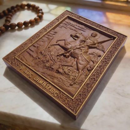 Saint Demetrius of Thessaloniki Wooden Carved Handmade Christian Icon. Byzantine Greek Orthodox Home Decor.