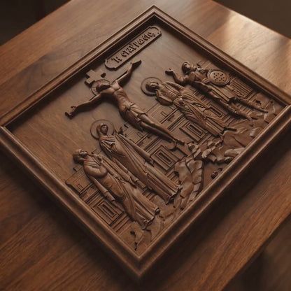 The Crucifixion of Jesus Christ Wooden Carved Handmade Christian Icon | Byzantine Greek Orthodox Home Art Decor