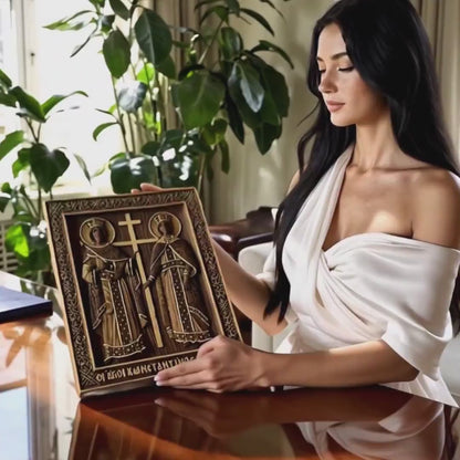 Saints Constantine and Helena Wooden Carved Handmade Christian Icon. Byzantine Greek Orthodox Home Decor.