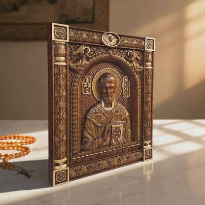 Saint Nicholas Wooden Carved Handmade Christian Icon. Byzantine Greek Orthodox Home Art Decor.