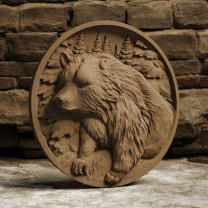 Bear in Plate Handmade Wooden Carving. Home Gift Wall Art Nature Decor.