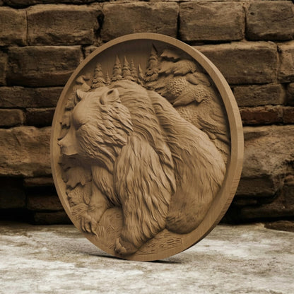 Bear in Plate Handmade Wooden Carving. Home Gift Wall Art Nature Decor.