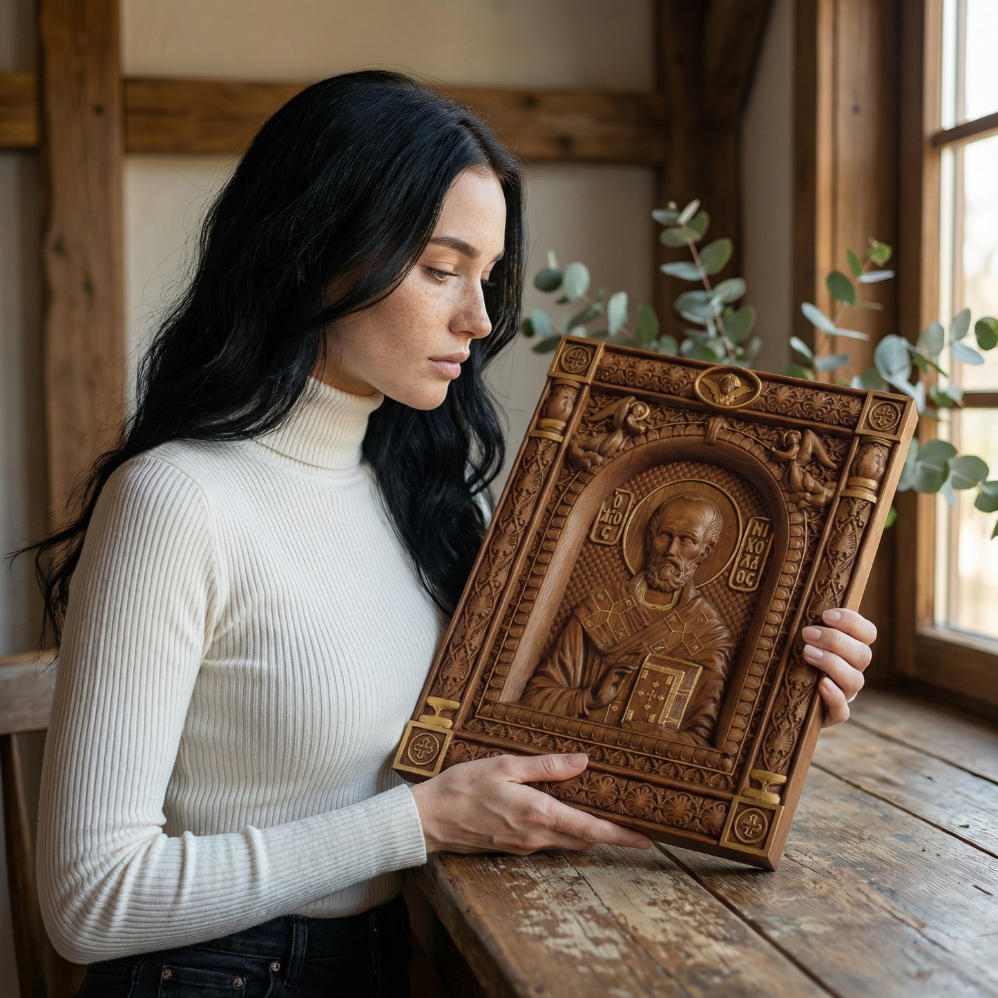 Saint Nicholas Wooden Carved Handcrafted Christian Religious Icon. Byzantine Home Wall Art Decor Gift. Orthodox Greek Woodcarving Sculpture.