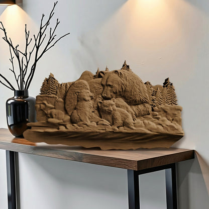 Bear Family Handmade Wooden Carving. Home Gift Wall Art Nature Decor.