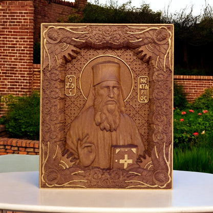 Saint Nectarios of Aegina Wooden Carved Handcrafted Christian Religious Icon. Byzantine Home Wall Art Decor Gift. Orthodox Greek Woodcarving Sculpture.