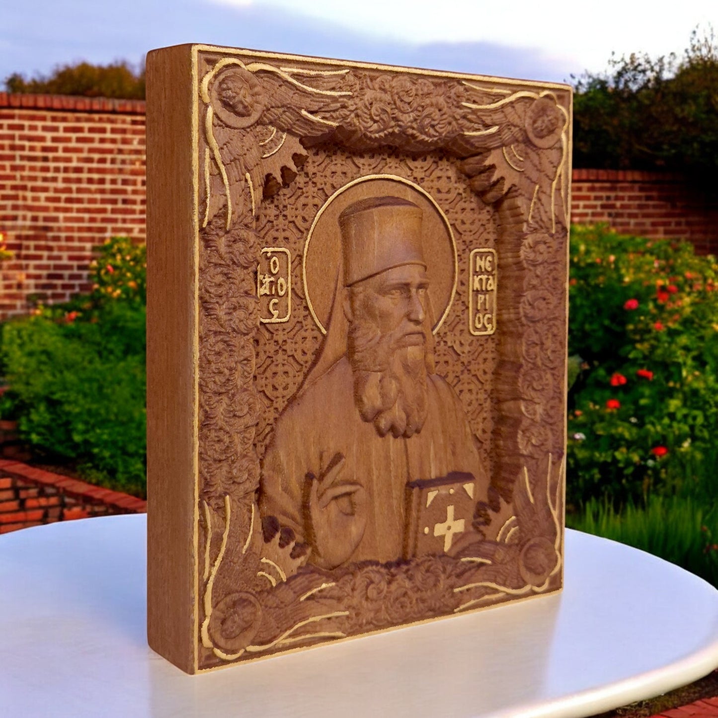 Saint Nectarios of Aegina Wooden Carved Handcrafted Christian Religious Icon. Byzantine Home Wall Art Decor Gift. Orthodox Greek Woodcarving Sculpture.