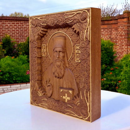 Saint Nectarios of Aegina Wooden Carved Handcrafted Christian Religious Icon. Byzantine Home Wall Art Decor Gift. Orthodox Greek Woodcarving Sculpture.