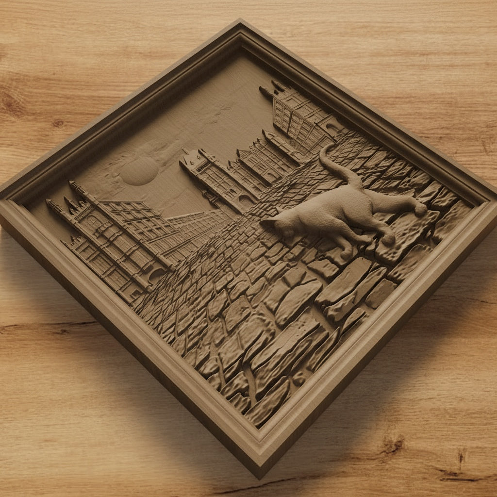 Cat Walking in the Street Scene Handmade Wooden Carving. Home Gift Wall Art Nature Decor.