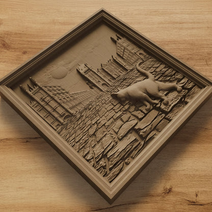 Cat Walking in the Street Scene Handmade Wooden Carving. Home Gift Wall Art Nature Decor.